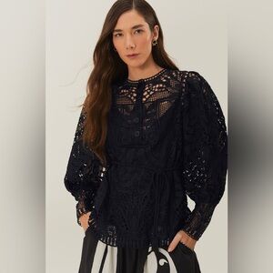 FARM Rio Black Guipire Puff Sleeve Blouse